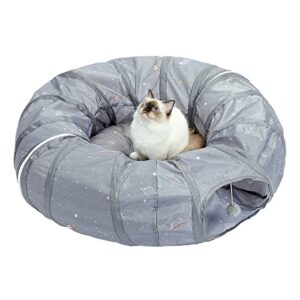 pawz road cat tunnel, cat tunnel bed with central soft mat and plush ball toys, collapsible tunnel tube with cute rocket prints for indoor kittens, rabbits and puppies
