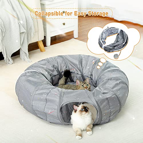PAWZ Road Cat Tunnel, Cat Tunnel Bed with Central Soft Mat and Plush Ball Toys, Collapsible Tunnel Tube with Cute Rocket Prints for Indoor Kittens, Rabbits and Puppies