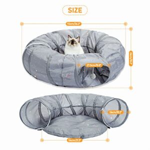 PAWZ Road Cat Tunnel, Cat Tunnel Bed with Central Soft Mat and Plush Ball Toys, Collapsible Tunnel Tube with Cute Rocket Prints for Indoor Kittens, Rabbits and Puppies