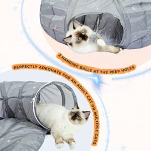 PAWZ Road Cat Tunnel, Cat Tunnel Bed with Central Soft Mat and Plush Ball Toys, Collapsible Tunnel Tube with Cute Rocket Prints for Indoor Kittens, Rabbits and Puppies