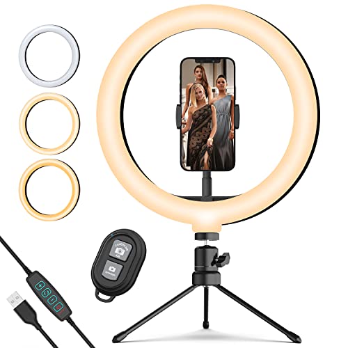 HONGDAK 10.2'' Selfie Ring Light with Stand and Phone Holder, Desk Ring Lights with 3500K-6500K Dimmable 3 Light Colors 10 Brightness Levels for Phone Video TikTok Live Streaming Makeup