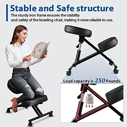 Ergonomic Kneeling Chair for Office, Height Adjustable Stool with Thick Foam Cushions for Home and Office, Angled Seat to Improve Posture - Relieve Neck & Back Pain, Upgraded Pneumatic Pump