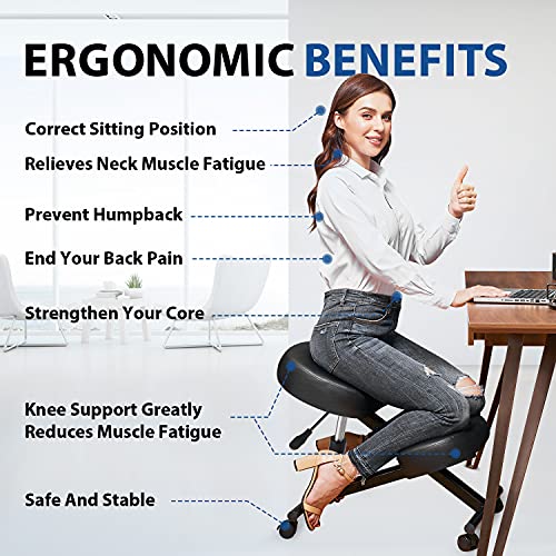 Ergonomic Kneeling Chair for Office, Height Adjustable Stool with Thick Foam Cushions for Home and Office, Angled Seat to Improve Posture - Relieve Neck & Back Pain, Upgraded Pneumatic Pump