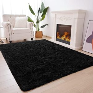 vocrite black fluffy rug for bedroom, shag fuzzy area rug for living room, non-slip shaggy plush furry rugs for nursery classroom, soft carpet for playroom dorm teen's room decor, 4x6