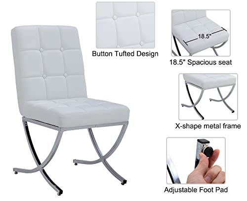 CIMOTA Modern White Dining Chairs Set of 6 Upholstered Tufted Leather Dining Room Chairs Kitchen Chairs Comfy Armless Side Chairs with Chrome Metal X Legs for Dining Room/Living Room, PU White/6PCS