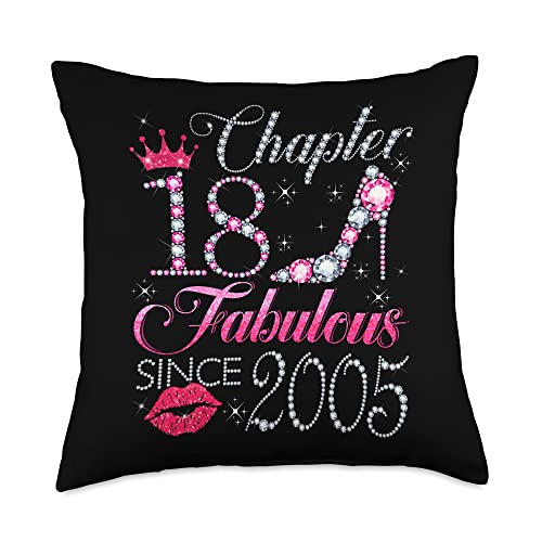 Happy 18th Birthday Gift For Ladies Girls Chapter 18 Fabulous Since 2005 18th Birthday Gift for Girls Throw Pillow, 18x18, Multicolor