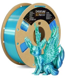 overture silk pla 1.75mm dual color filament, clog-free shiny 3d printer filament, 1kg spool(2.2lbs), dimensional accuracy +/- 0.03 mm, fit most fdm printer(silk green-blue)