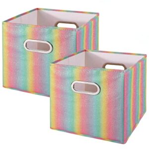 anminy 2 pcs glitter storage cubes shiny sparkly colorful foldable large fabric storage basket bin box set with handles decorative desktop closet shelf organizer container - 11x 11x 11 in, rainbow