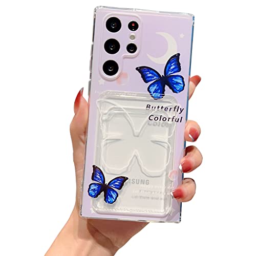 Tuokiou Designed for Samsung Galaxy S22 Ultra Phone Case,Slim Fit Printing Soft TPU Wallet Butterfly Case with Bumper, Card Holder Pocket Case for Galaxy S22 Ultra 6.8 inch (Clear Butterfly)