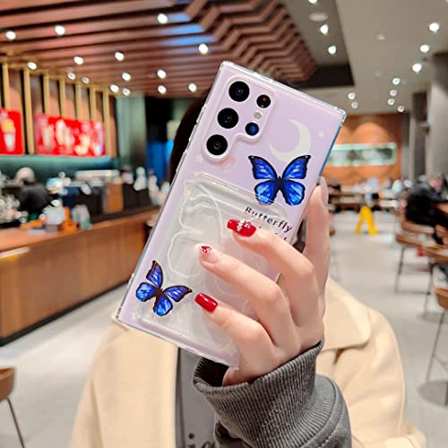 Tuokiou Designed for Samsung Galaxy S22 Ultra Phone Case,Slim Fit Printing Soft TPU Wallet Butterfly Case with Bumper, Card Holder Pocket Case for Galaxy S22 Ultra 6.8 inch (Clear Butterfly)