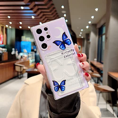 Tuokiou Designed for Samsung Galaxy S22 Ultra Phone Case,Slim Fit Printing Soft TPU Wallet Butterfly Case with Bumper, Card Holder Pocket Case for Galaxy S22 Ultra 6.8 inch (Clear Butterfly)