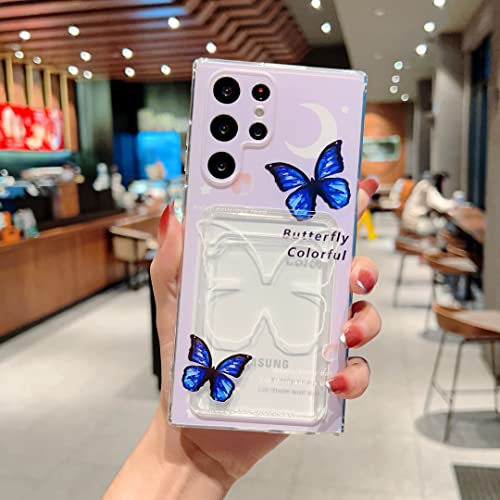 Tuokiou Designed for Samsung Galaxy S22 Ultra Phone Case,Slim Fit Printing Soft TPU Wallet Butterfly Case with Bumper, Card Holder Pocket Case for Galaxy S22 Ultra 6.8 inch (Clear Butterfly)