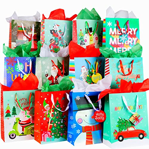 Bulk Christmas Gift Bags Large -12 Cute and Fun Designs- Large Christmas Bags for Gifts with Christmas Tissue Paper Gift Wrap Set-Holiday Gift Bags -Large Xmas Gift Bags-12.75"X10.25"X4.5" inches