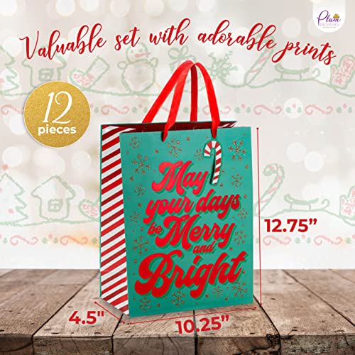 Bulk Christmas Gift Bags Large -12 Cute and Fun Designs- Large Christmas Bags for Gifts with Christmas Tissue Paper Gift Wrap Set-Holiday Gift Bags -Large Xmas Gift Bags-12.75"X10.25"X4.5" inches