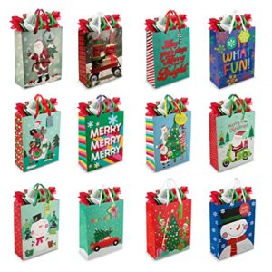 Bulk Christmas Gift Bags Large -12 Cute and Fun Designs- Large Christmas Bags for Gifts with Christmas Tissue Paper Gift Wrap Set-Holiday Gift Bags -Large Xmas Gift Bags-12.75"X10.25"X4.5" inches