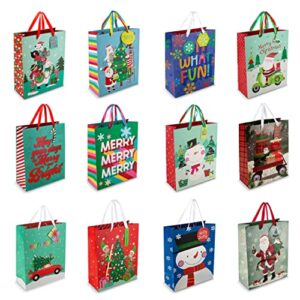 Bulk Christmas Gift Bags Large -12 Cute and Fun Designs- Large Christmas Bags for Gifts with Christmas Tissue Paper Gift Wrap Set-Holiday Gift Bags -Large Xmas Gift Bags-12.75"X10.25"X4.5" inches