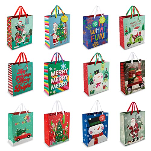 Bulk Christmas Gift Bags Large -12 Cute and Fun Designs- Large Christmas Bags for Gifts with Christmas Tissue Paper Gift Wrap Set-Holiday Gift Bags -Large Xmas Gift Bags-12.75"X10.25"X4.5" inches