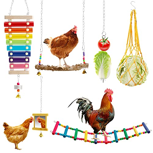 CheeFun 7Pcs Chicken Toys for Coop: Bird Hens Chicken Coop Accessory - Chicken Xylophone Mirror & Pecking Toys for Chicken Bird Parrot