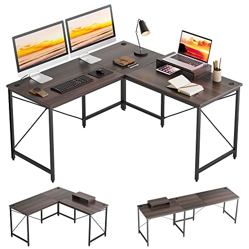 Bestier L Shaped Desk Computer Long Desk Reversible Corner Desk for Home Office Large Craft Table U Shaped 2 Person Gaming Workstation with Monitor Stand 3 Cable Holes L Desk, Brown