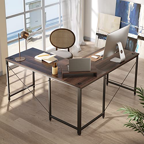 Bestier L Shaped Desk Computer Long Desk Reversible Corner Desk for Home Office Large Craft Table U Shaped 2 Person Gaming Workstation with Monitor Stand 3 Cable Holes L Desk, Brown