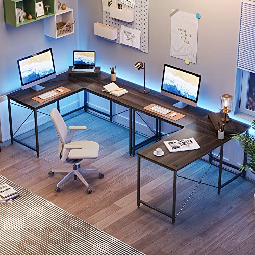 Bestier L Shaped Desk Computer Long Desk Reversible Corner Desk for Home Office Large Craft Table U Shaped 2 Person Gaming Workstation with Monitor Stand 3 Cable Holes L Desk, Brown
