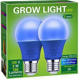 briignite grow light bulbs for seedlings, blue spectrum, a19 e26 base, 9w grow bulb 90w equivalent for indoor plants, seed starting, 2pack