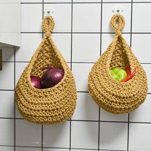 Anraja Hanging Fruit Basket For Kitchen Wall, Teardrop Garlic Storage Organizer, Decor Home, Boho Plant Holder, Set Of 3, Wheat