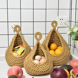 Anraja Hanging Fruit Basket For Kitchen Wall, Teardrop Garlic Storage Organizer, Decor Home, Boho Plant Holder, Set Of 3, Wheat