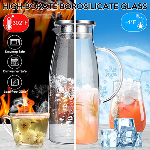 2 Pcs 60 oz Glass Pitcher Water Pitcher with Lid and Handle Carafes and Pitchers Iced Tea Pitcher Hot Cold Water Heat Resistant Borosilicate Glass Jug for Juice Water Iced Tea