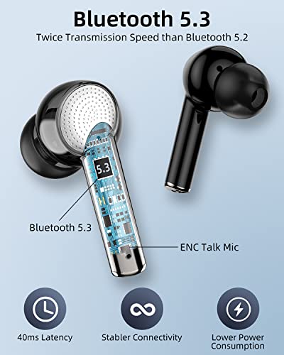 Bluetooth 5.3 Earbuds, HiFi Stereo with 13mm Special Driver, Wireless Headphones in Ear Light-Weight, LED Digital Display, 40H Playtime, IPX7 Waterproof, Bluetooth Earphones 4 Mics for Android iOS
