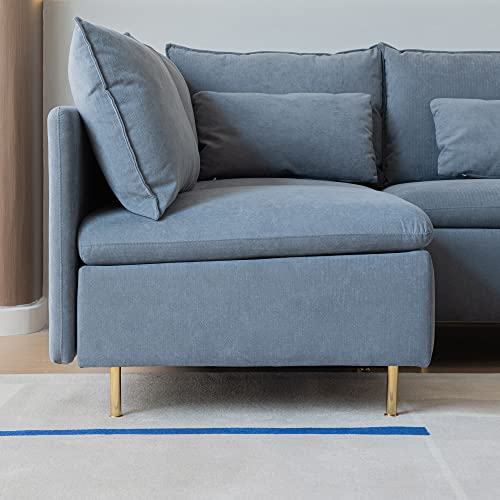Familymill 90'' Modern Linen Accent L-Shaped Sectional Sofa, Upholstered Home Furniture Sofa Couch with Golden Metal Legs for Living Room/Bedroom/Apartment, Grey
