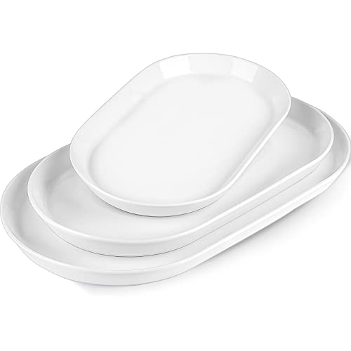 Taeochiy Large Serving Platter - 16"/14"/12" Oval Serving Tray, Ceramic Turkey Platters for Entertaining, Christmas Party, Set of 3, White