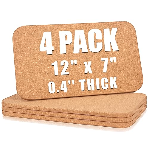 BlueGift Cork Trivet 4 Pack 12" x 7" x 0.4" Rectangle Cork Trivets for Hot Dishes, Thick Cork Hot Pads for Kitchen Table, Heat-Resistant Cork Mat for Countertop, Cork Trivet for Hot Pots, Pans, Plates