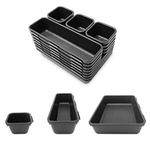 arriart desk drawer organizer tray - thickened &unbreakable with 3 sizes,plastic drawers organizer for kitchen bathroom makeup office vanity bedroom dresser(black16 pack)