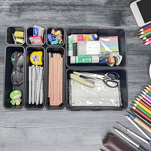 Arriart Desk Drawer Organizer Tray - Thickened &Unbreakable with 3 Sizes,Plastic Drawers Organizer for Kitchen Bathroom Makeup Office Vanity Bedroom Dresser(Black16 Pack)