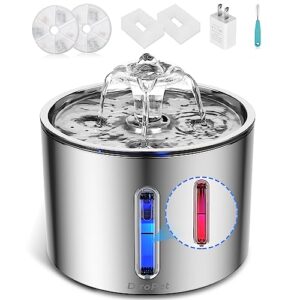 diropet cat water fountain stainless steel, 84oz/2.5l automatic pet water fountain for cats inside, blue red water level window cat fountain,fountain filterx2, pump filterx2,plugx1