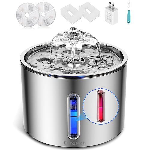 DiroPet Cat Water Fountain Stainless Steel, 84Oz/2.5L Automatic Pet Water Fountain for Cats Inside, Blue Red Water Level Window Cat Fountain,Fountain FilterX2, Pump FilterX2,PlugX1