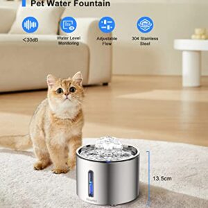 DiroPet Cat Water Fountain Stainless Steel, 84Oz/2.5L Automatic Pet Water Fountain for Cats Inside, Blue Red Water Level Window Cat Fountain,Fountain FilterX2, Pump FilterX2,PlugX1