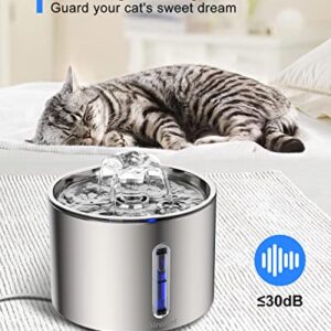 DiroPet Cat Water Fountain Stainless Steel, 84Oz/2.5L Automatic Pet Water Fountain for Cats Inside, Blue Red Water Level Window Cat Fountain,Fountain FilterX2, Pump FilterX2,PlugX1