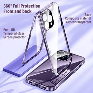 KumWum Magnetic Case for iPhone 14 Pro Max Front and Back Protection Ultra-Thin Tempered Glass Screen Protector Metal Bumper Double Sided Buckle Clear Cover with Camera Lens Protector - Purple