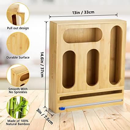 Ziplock MAJAZ Bag Storage Organizer, Food Storage Bag Holders, Bamboo Sandwich Bag Organizer, Kitchen Drawer Organizer for Ziplock Bag, Gallon Quart Snack Sandwich and Slider Bag Dispenser