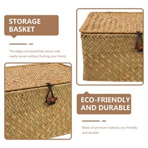 Woven Storage Basket Woven Wicker Storage Bins with Lid Seagrass Shelf Basket Rectangular Rattan Storage Basket Makeup Organizer Box for Toilet Paper Laundry Kids Snack Containers