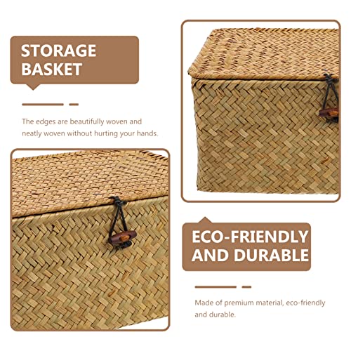 Woven Storage Basket Woven Wicker Storage Bins with Lid Seagrass Shelf Basket Rectangular Rattan Storage Basket Makeup Organizer Box for Toilet Paper Laundry Kids Snack Containers