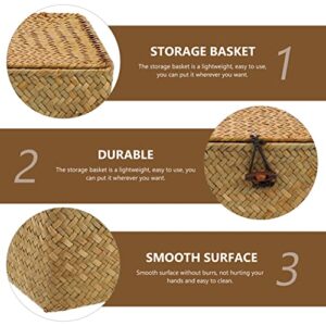 Woven Storage Basket Woven Wicker Storage Bins with Lid Seagrass Shelf Basket Rectangular Rattan Storage Basket Makeup Organizer Box for Toilet Paper Laundry Kids Snack Containers