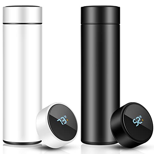 2 Pcs Smart Water Bottles with Digital Temperature Display Coffee Tea Infuser Bottle LED Thermal Cup Double Walled Vacuum Insulated Stainless Steel Flask Leak Proof Travel Mug Keep Warm (Black, White)