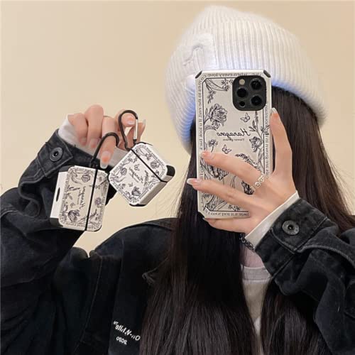 Case Cover Compatible with AirPods Pro 2 Stylish Floral AirPods Pro 2 Case for Women Girls Black Rose Patterns Protective Hard Case with Clip (White)