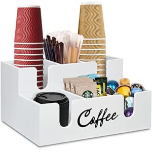 disposable coffee cup dispenser lid holder for counter, wood 6 compartments coffee station organizer for cup lid sleeve pods condiment, paper cup dispenser coffee bar accessories storage organizer