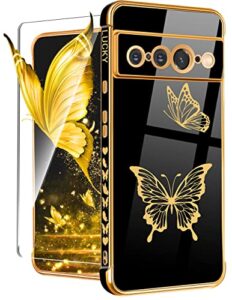 coralogo for google pixel 7 pro case butterfly for women girls girly pretty phone cases cute black and gold plating butterflies design with screen aesthetic cover for pixel 7 pro 5g 2022 6.7"