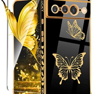 Coralogo for Google Pixel 7 Pro Case Butterfly for Women Girls Girly Pretty Phone Cases Cute Black and Gold Plating Butterflies Design with Screen Aesthetic Cover for Pixel 7 Pro 5G 2022 6.7"
