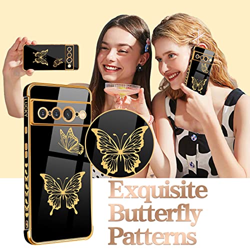 Coralogo for Google Pixel 7 Pro Case Butterfly for Women Girls Girly Pretty Phone Cases Cute Black and Gold Plating Butterflies Design with Screen Aesthetic Cover for Pixel 7 Pro 5G 2022 6.7"